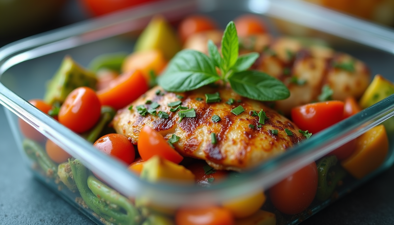 Close-up of a meal prep container with colourful roasted vegetables and grilled chicken