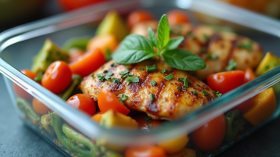 Close-up of a meal prep container with colourful roasted vegetables and grilled chicken