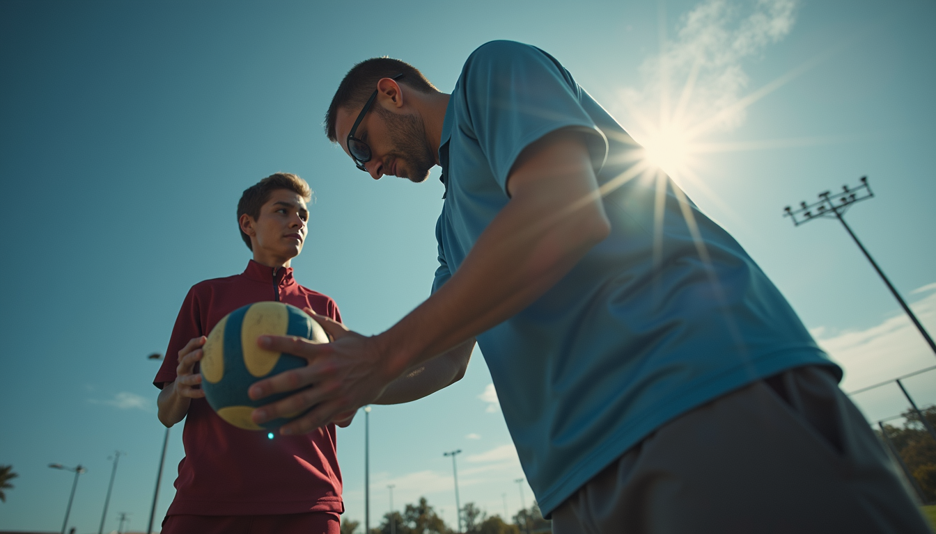 Eye-level view of professional coach guiding athlete