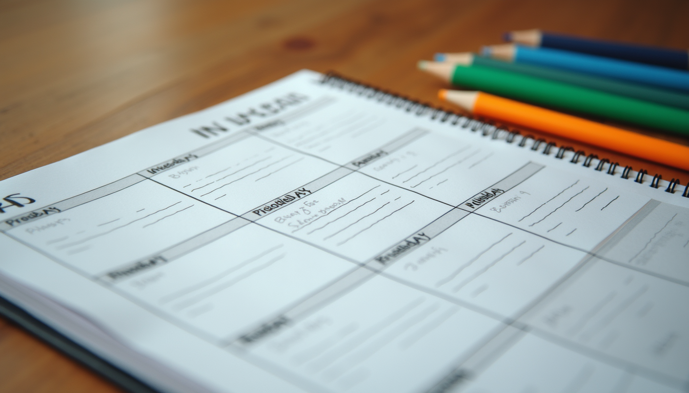 High angle view of a weekly meal planner with handwritten notes and colourful pens