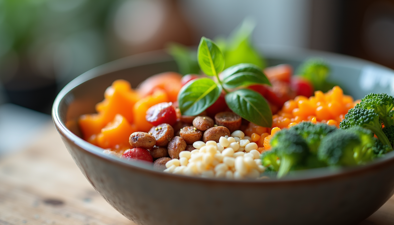 Close-up of a colourful meal prep bowl with grains, vegetables, and protein