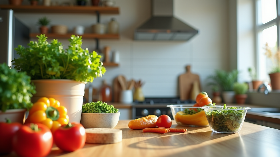 Eye-level view of a kitchen counter with colourful fresh vegetables and meal prep containers