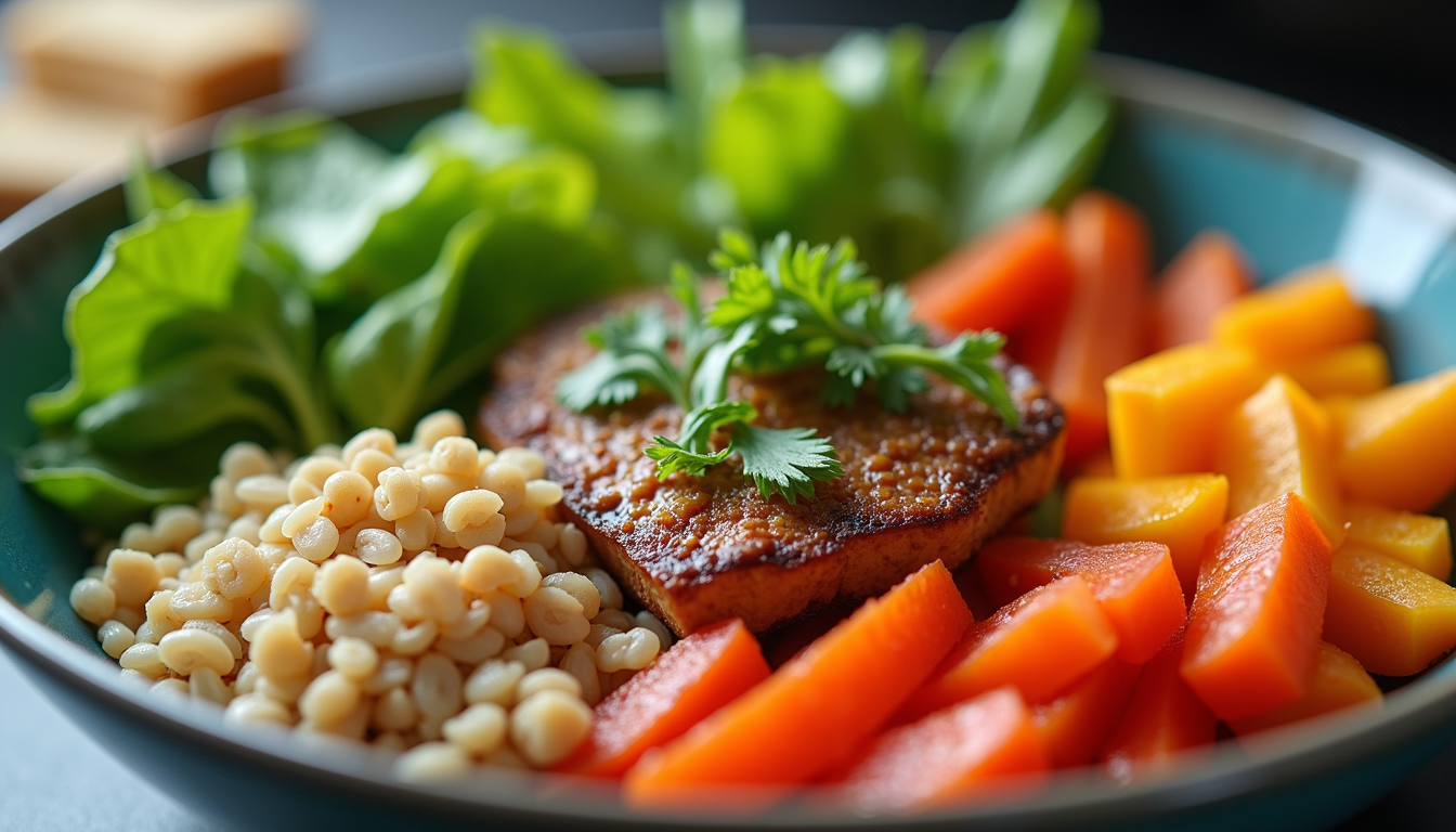 Close-up of a colourful meal prep bowl with grains, vegetables, and protein