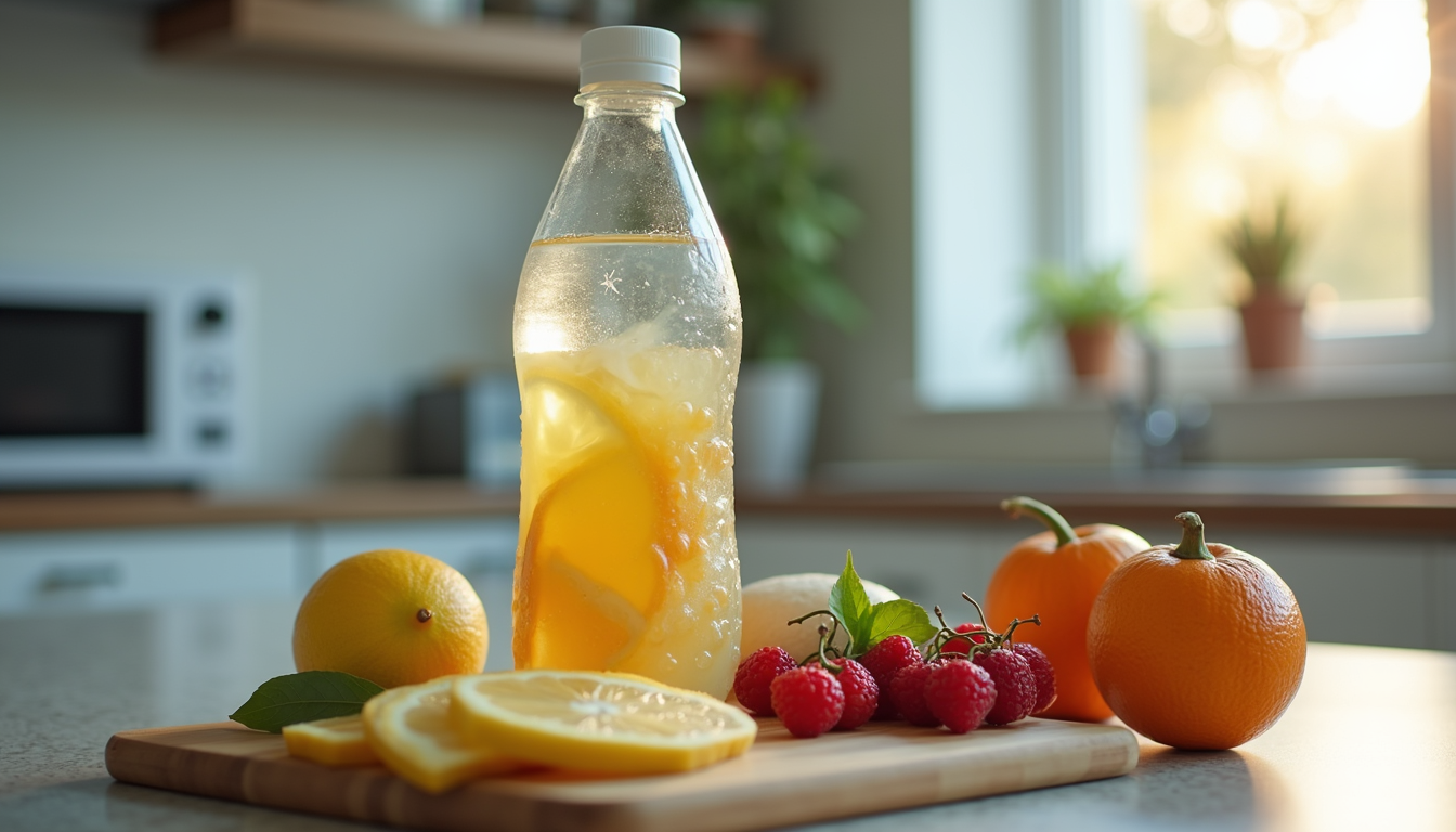 High angle view of a water bottle and healthy snacks on a kitchen counter