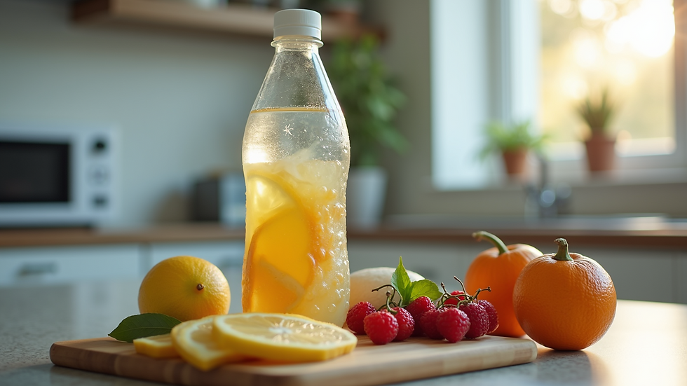 High angle view of a water bottle and healthy snacks on a kitchen counter