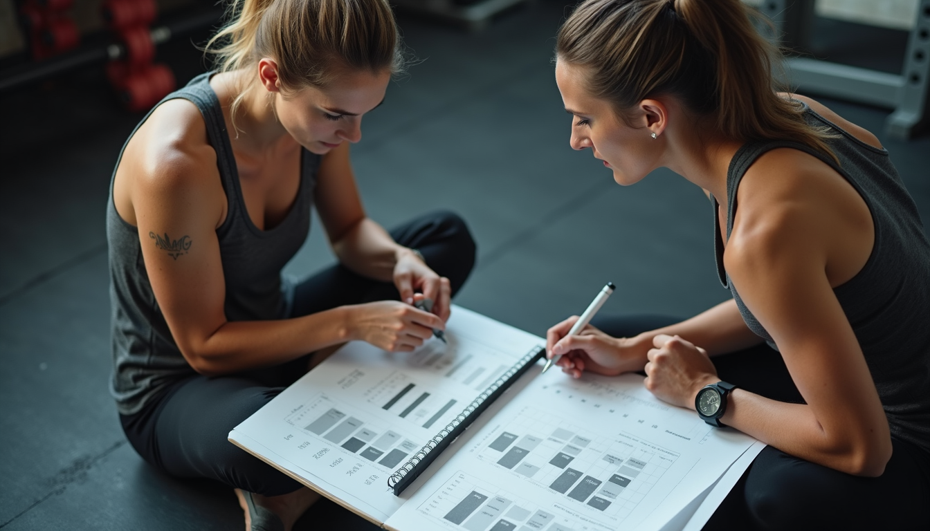 High angle view of a fitness coach reviewing progress charts with a client