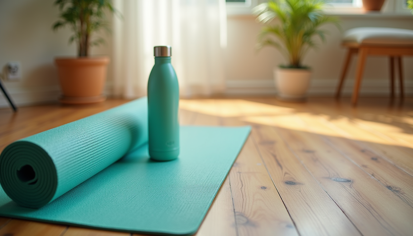 High angle view of a yoga mat and water bottle on wooden floor