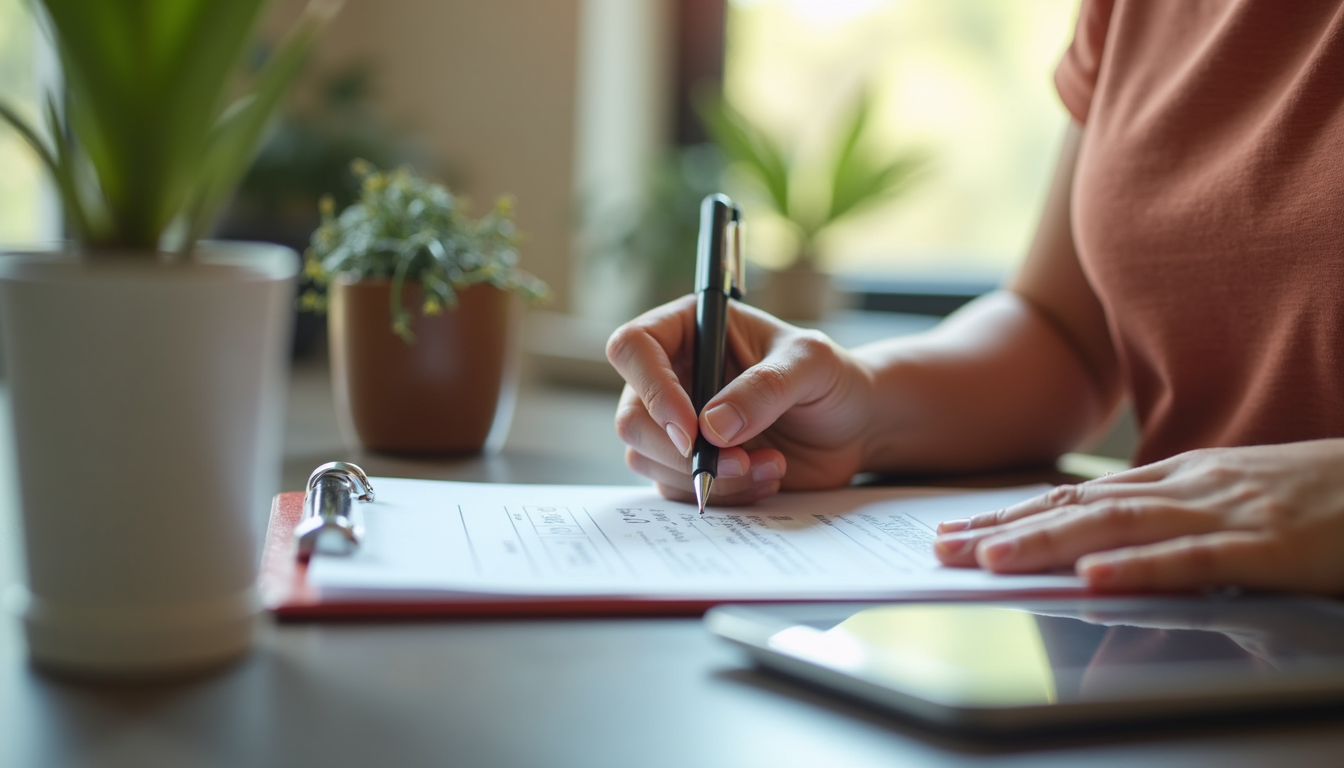 Close-up of a nutritionist’s hand writing a meal plan on a clipboard