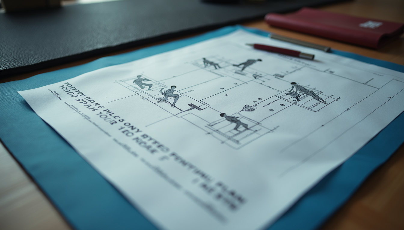 High angle view of a fitness plan blueprint on a workout mat