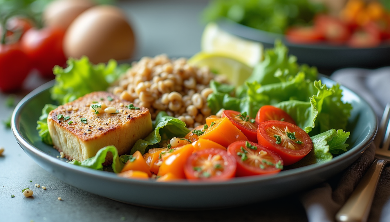 High angle view of a balanced meal with vegetables, grains, and protein on a plate