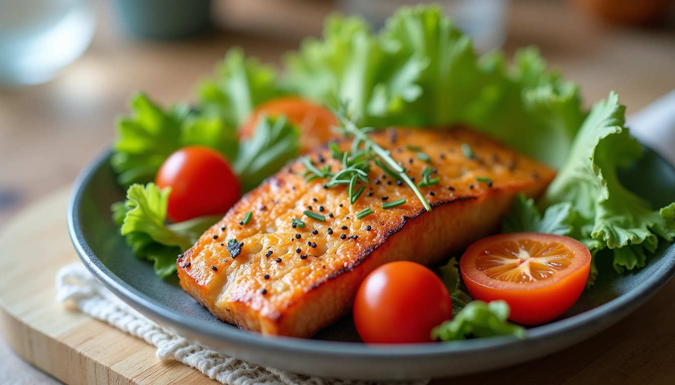 Close-up of a colourful plate with fresh vegetables and lean protein