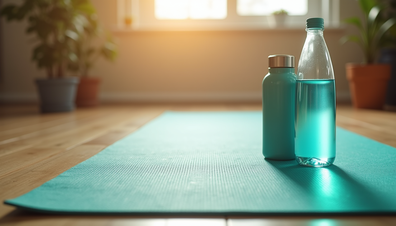 High angle view of a yoga mat and water bottle on wooden floor