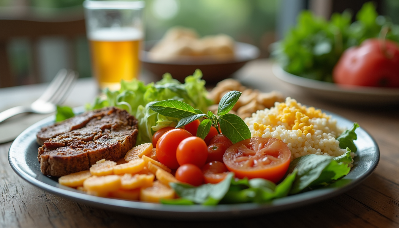 Eye-level view of a colourful, balanced meal on a rustic wooden table