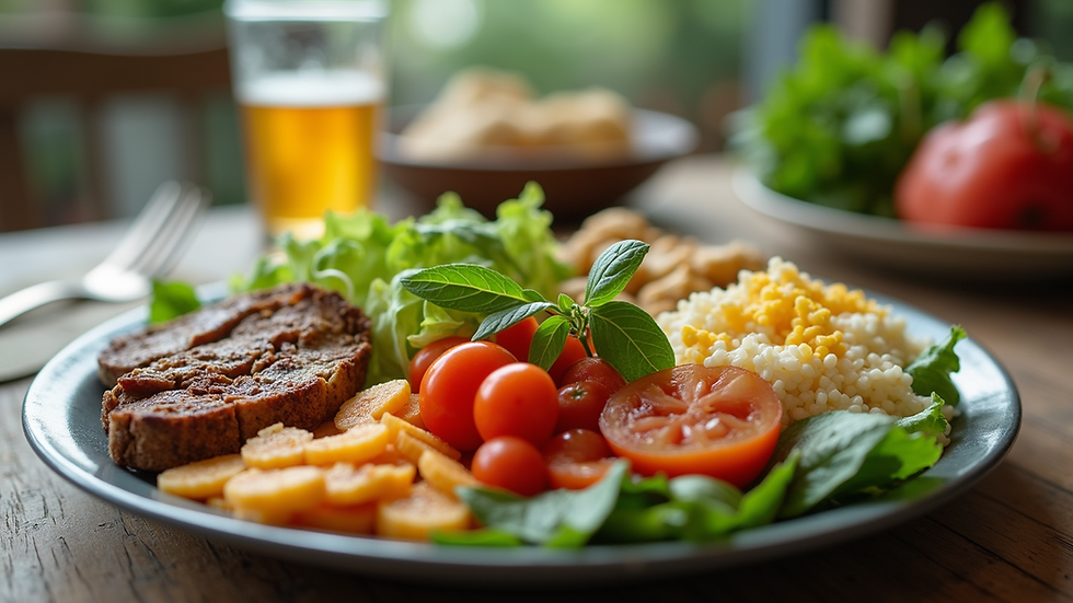 Eye-level view of a colourful, balanced meal on a rustic wooden table