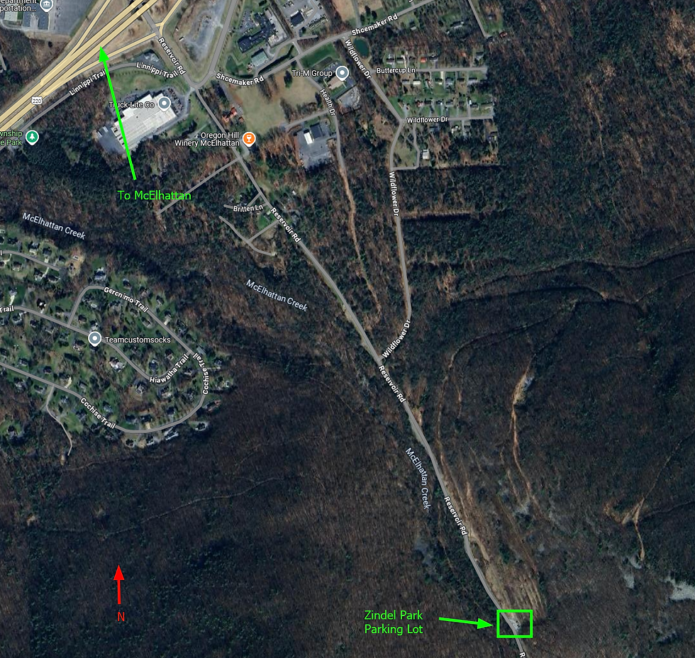Aerial map view of Oregon Hill area, roads labeled in white. Notable labels: "To McElhattan," "Zindel Park Parking Lot," greenery and buildings.