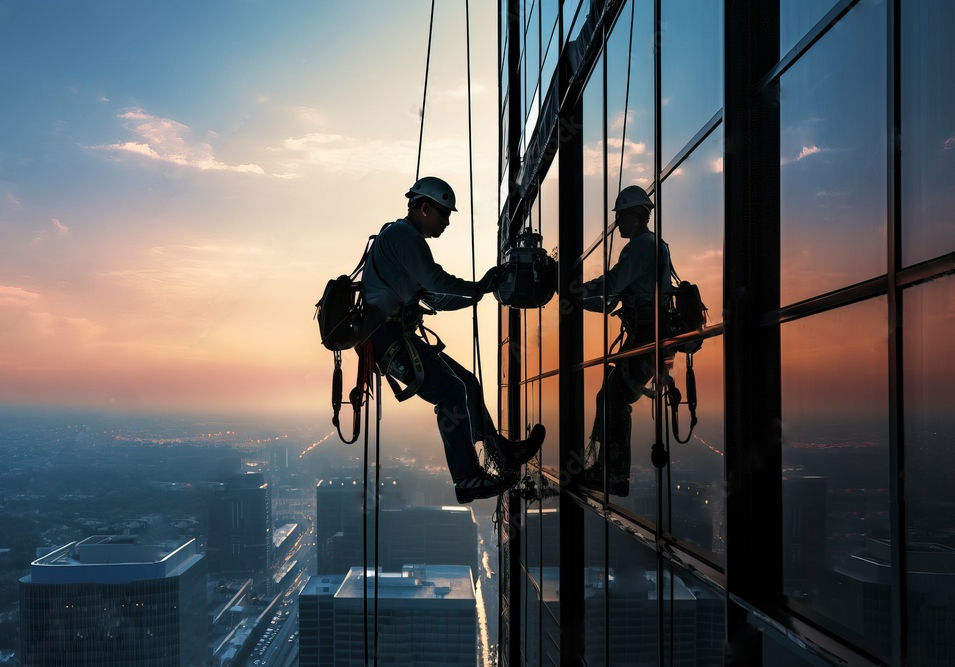 Rope access technician suspended on a high-rise building facade at sunset, performing specialized maintenance or installation work with a city skyline view.