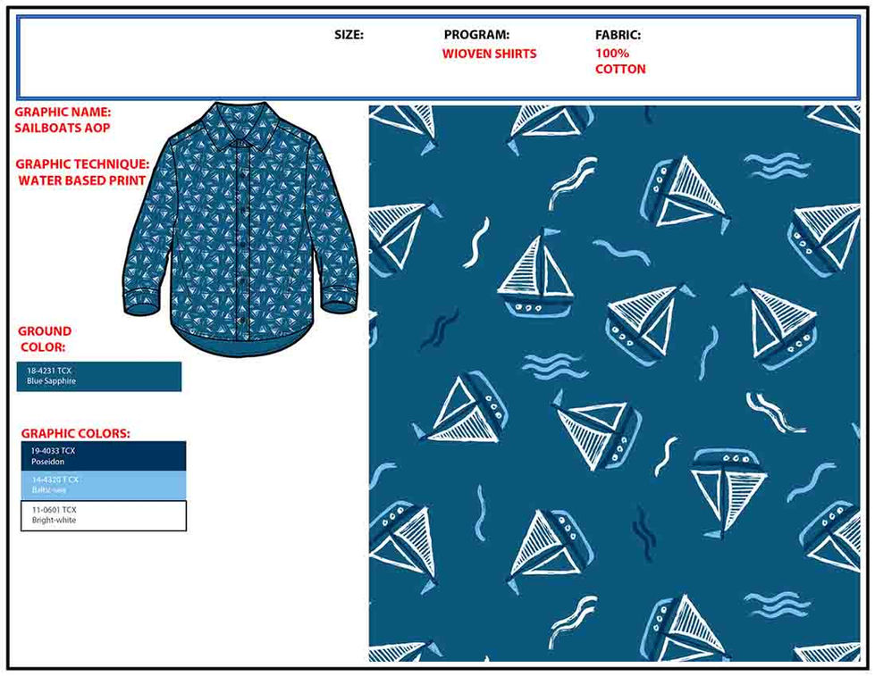 a drawing of a shirt and a pattern of sailboats on a blue background