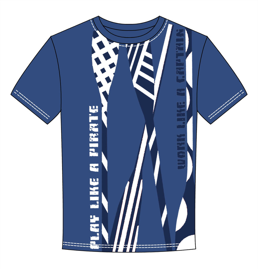 a blue shirt says play like a pirate and work like a captain