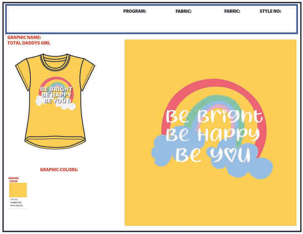 a yellow t-shirt with a rainbow and the words `` be bright be happy be you '' on it .