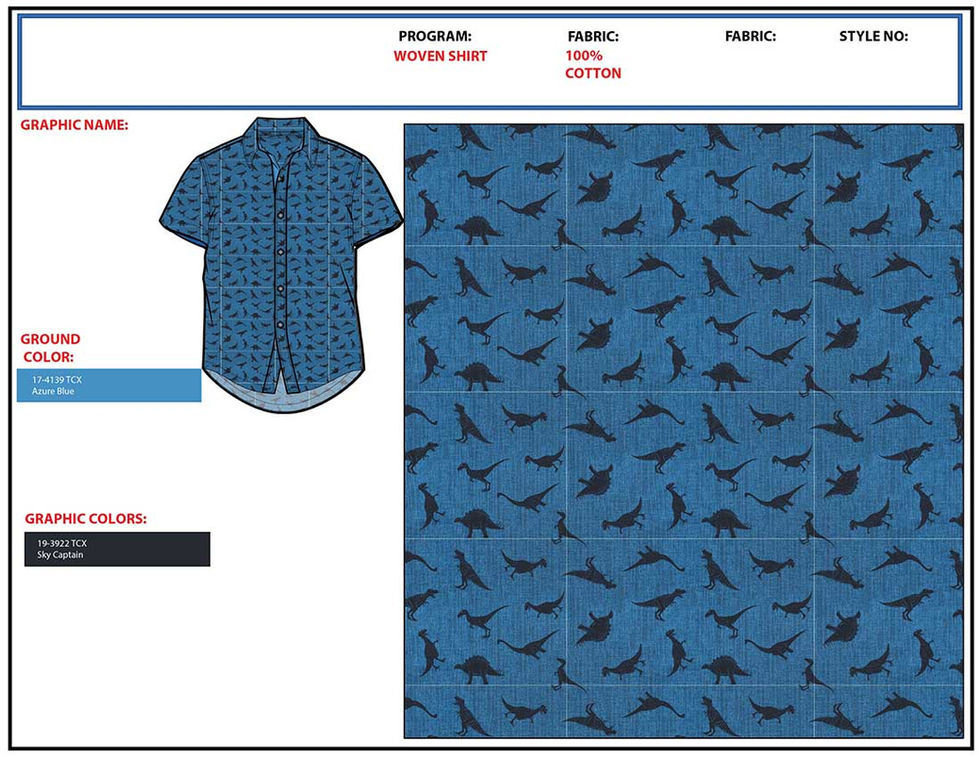 a blue shirt with a pattern of dinosaurs on it