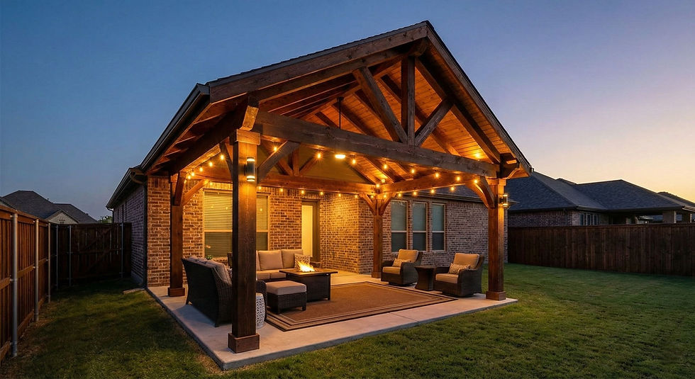 Wide angle view of a resort-style backyard with fire pit, pavilion, and outdoor kitchen in Princeton TX
