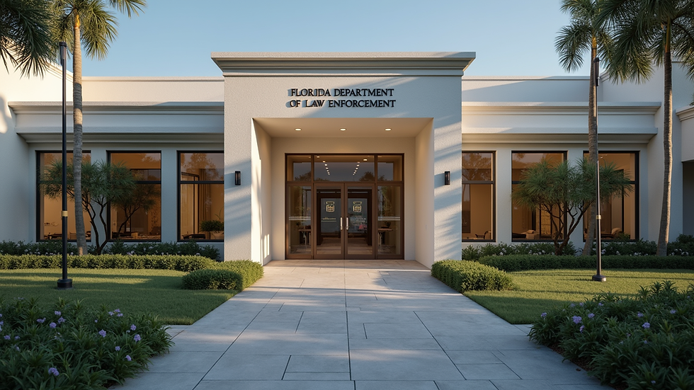 Eye-level view of a Florida Department of Law Enforcement building entrance, where Florida Background Checks are conducted.