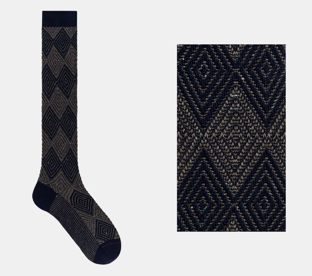 GALLO - CALZA LUNGA UOMO IN LANA E SETA BOTTONATO FANTASIA ROMBO BICOLORE