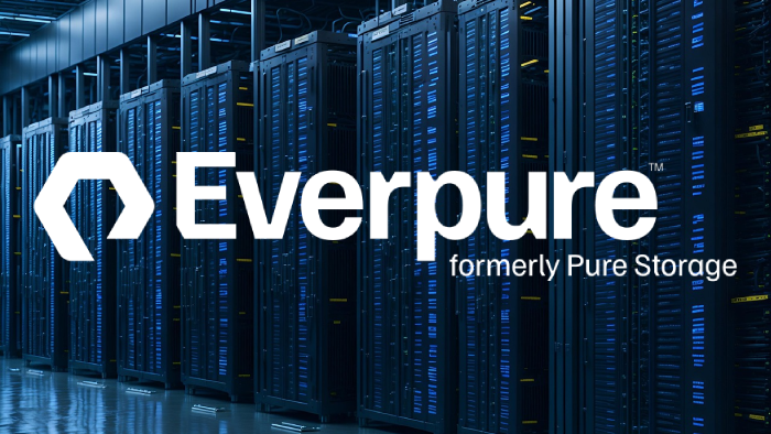 The logo of Everpure Inc. is displayed over an image of an AI data center