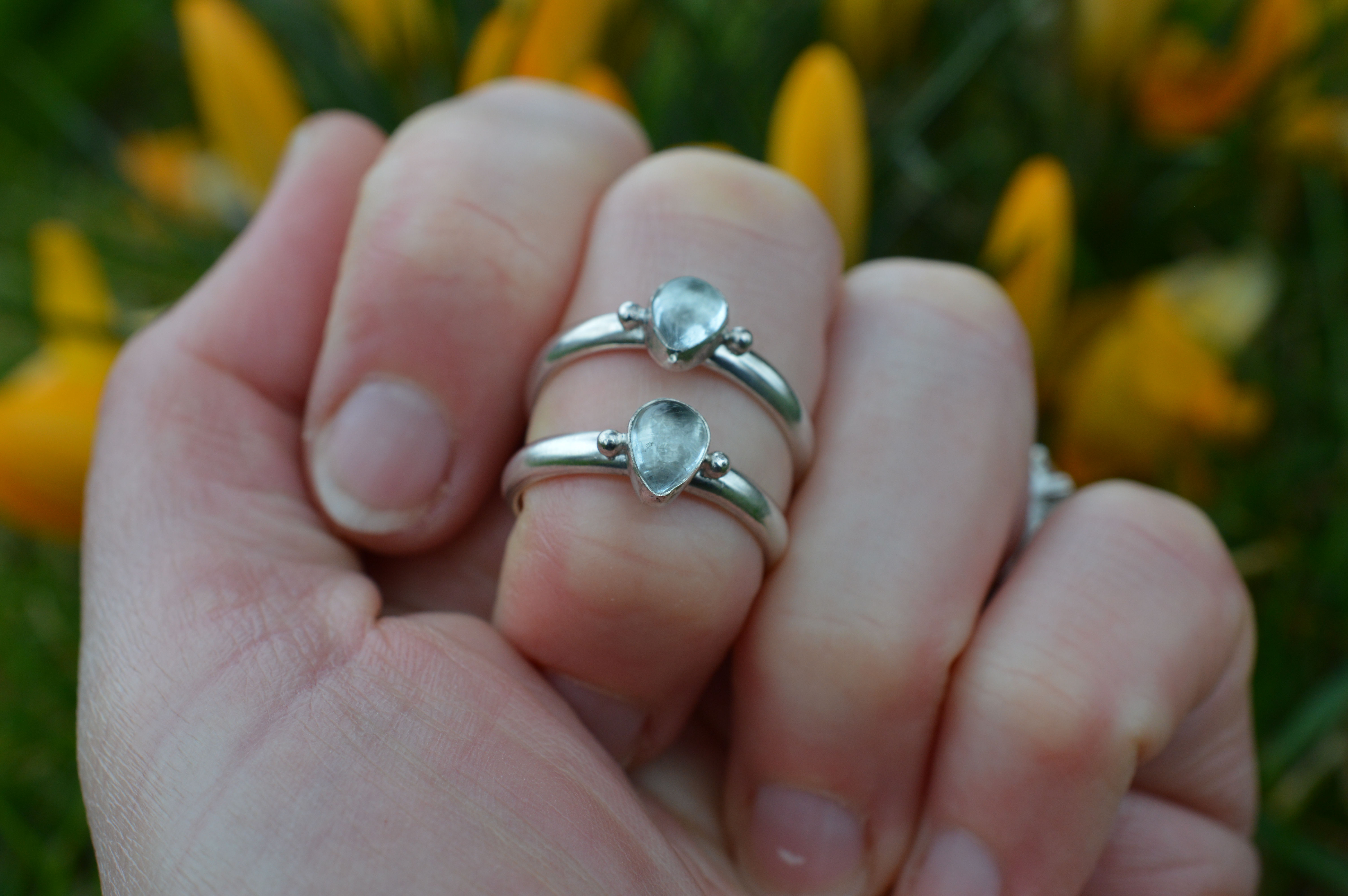 Aquamarine Teardrop Ring with D Shaped Wire and Silver Granulation Balls