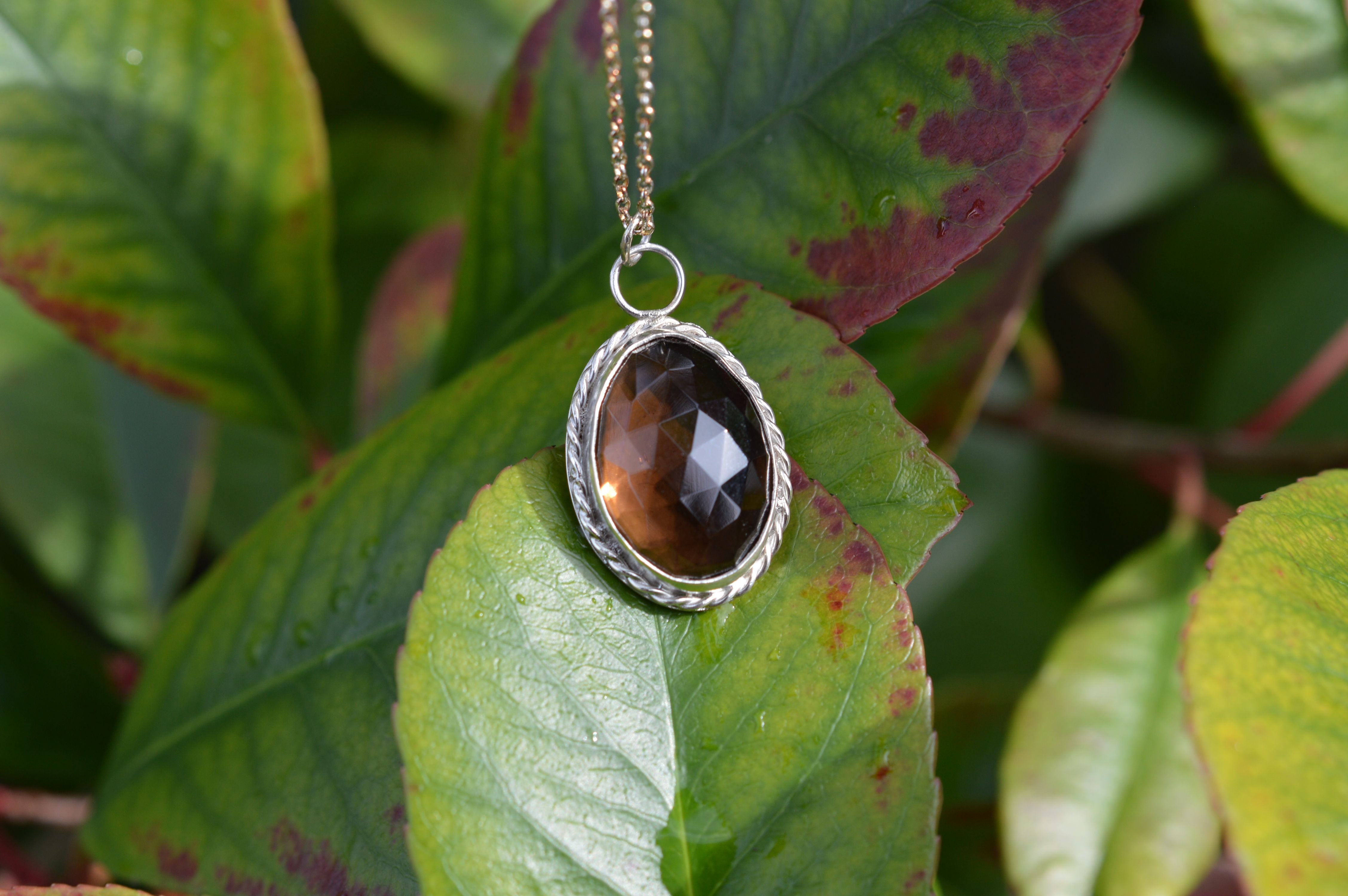 Pendant Necklace with Smoky Quartz Rose Cut Gemstone & Decorative Spiral Border