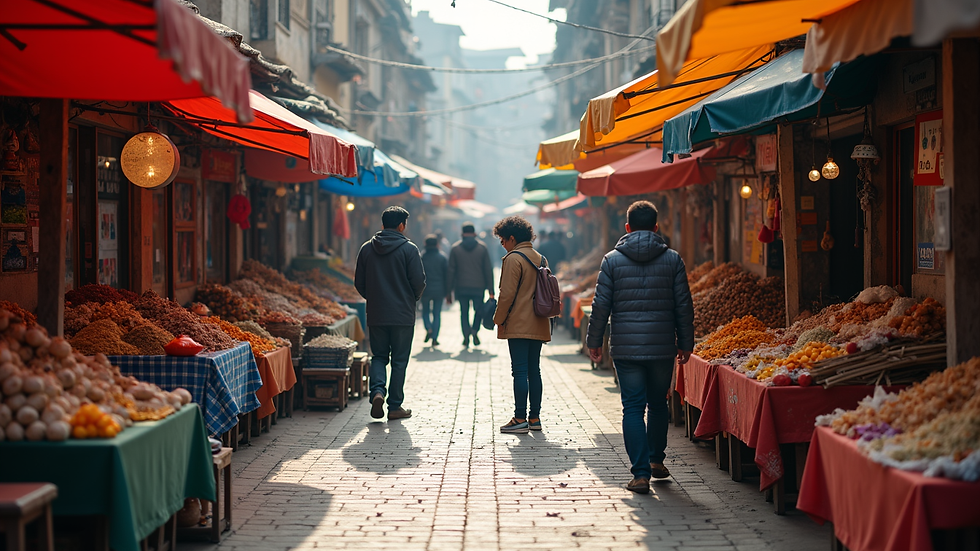 High angle view of a bustling outdoor market with colourful stalls