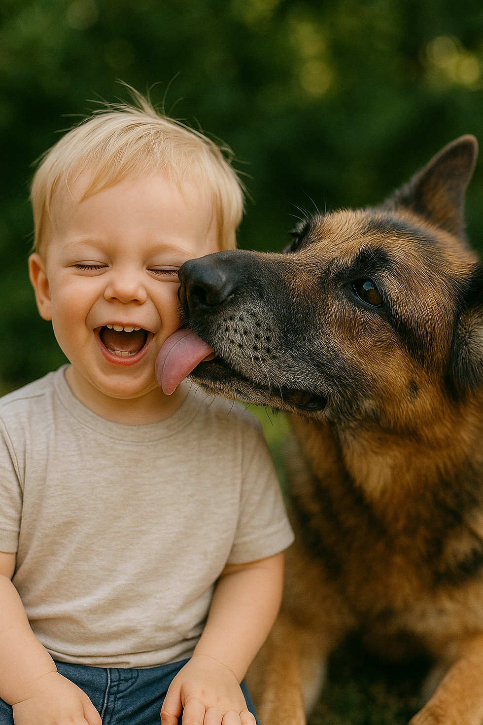Happy child getting kisses from Senior German Shepherd