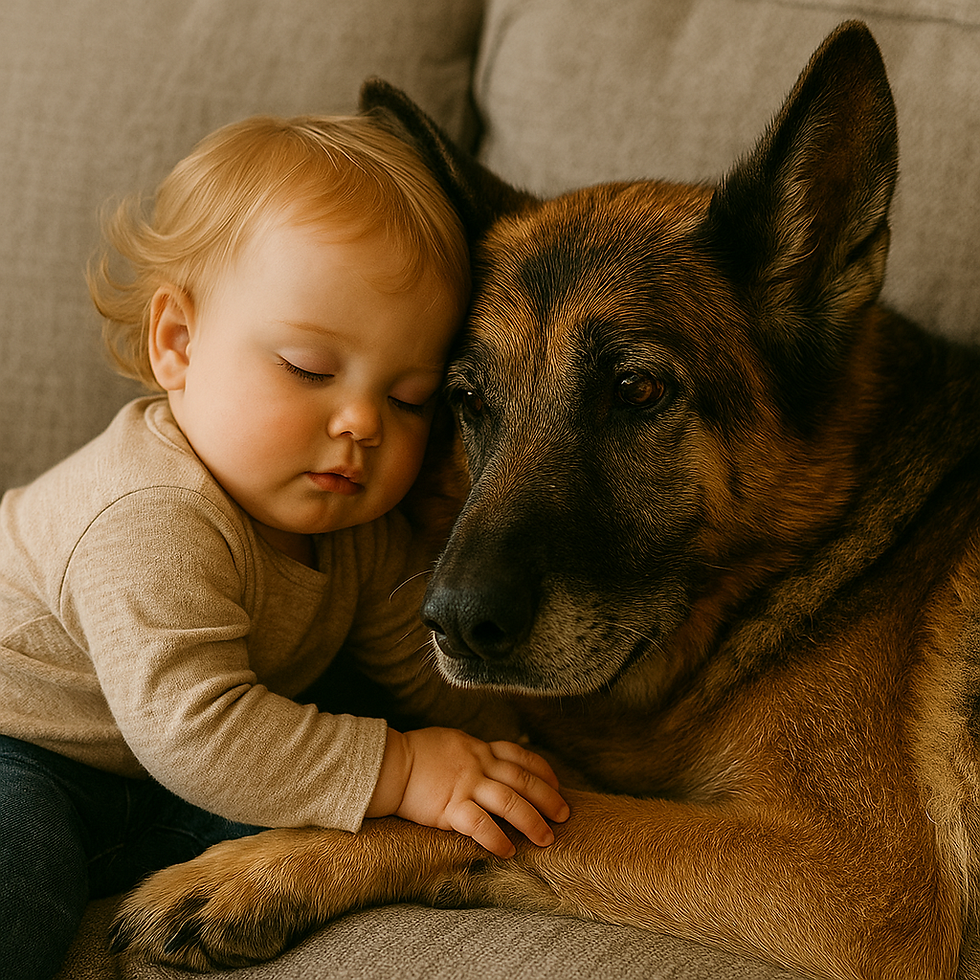 Toddler and Older German Shepherd cuddling