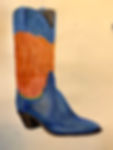 Blue and Orange cowboy boot rendered in color pencil at a 3/4 view