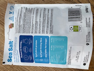 Back of pack of BRAVE sea salt crunchy chickpeas with nutritional information and ingredients list