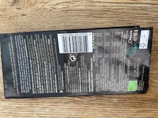 green & blacks 85% cocoa bar back of pack with nutritional info