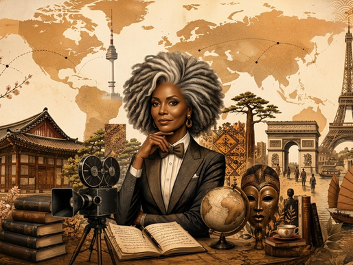 Une femme entourée d'artefacts culturels