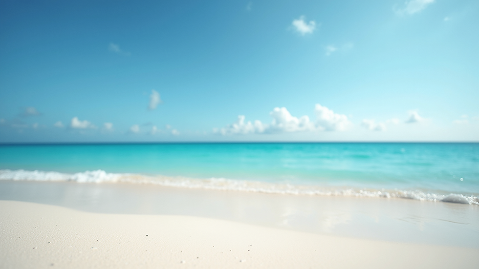 Eye-level view of a tranquil beach with clear blue waters and white sand
