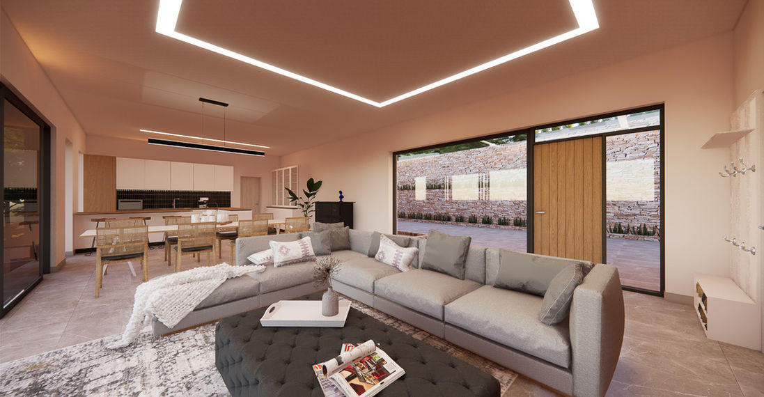 Modern living room, sea views, with a sectional sofa and open kitchen area Villa V