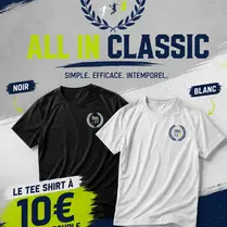 Visuel de la nouvelle collection "All In Classic" par All In Padel Sports présentant le t-shirt technique à 10 €. Deux t-shirts avec logo au niveau de la poitrine sont exposés : un noir et un blanc. Les pictogrammes en bas soulignent les caractéristiques : léger, respirant, résistant et esprit padel.