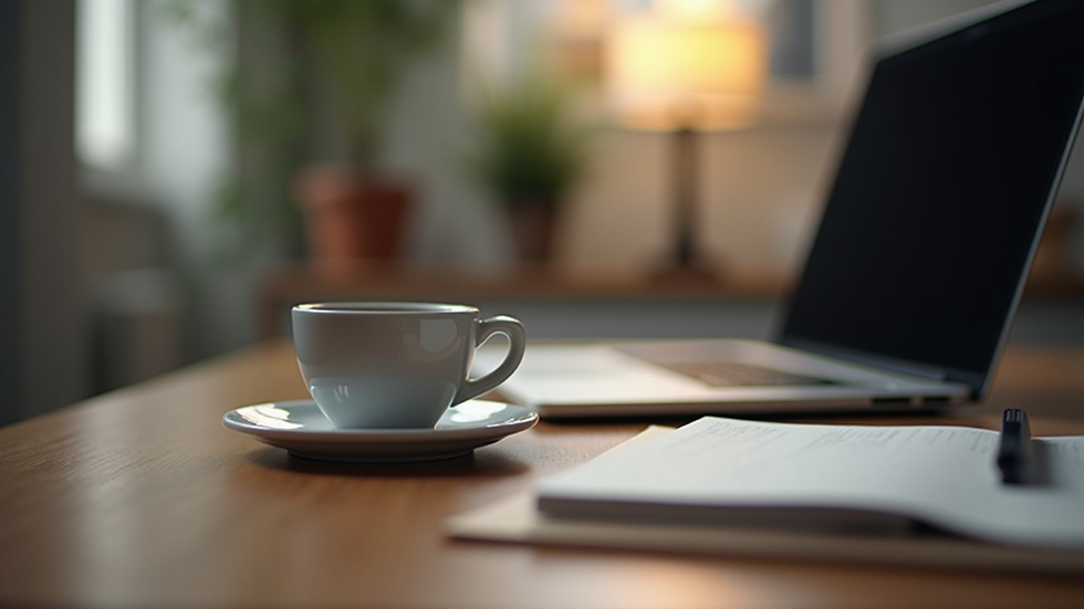 Eye-level view of a laptop on a wooden desk with a cup of coffee