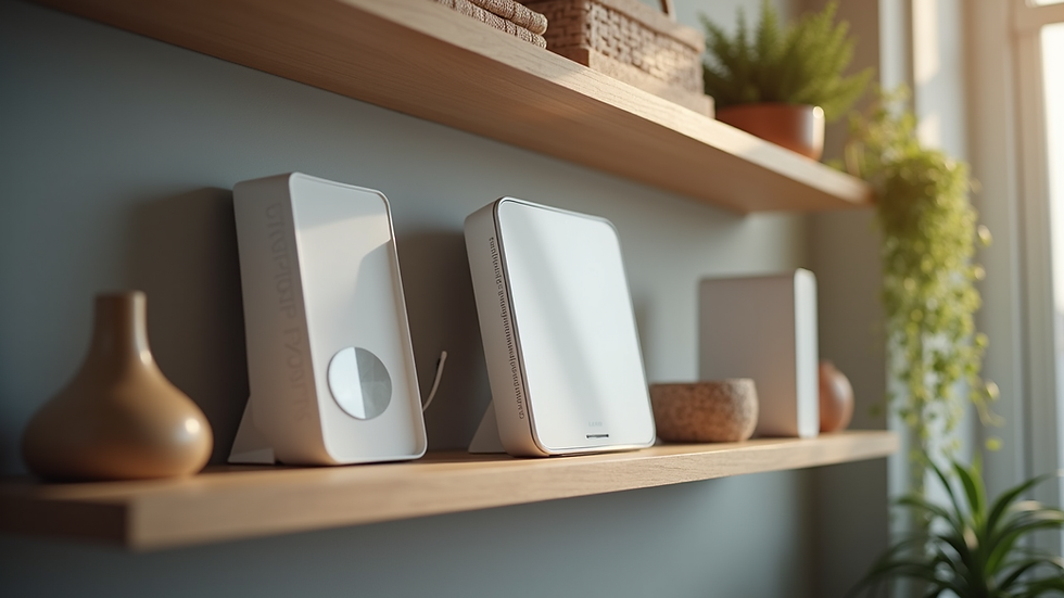 Eye-level view of a shelf with various affordable smart home devices
