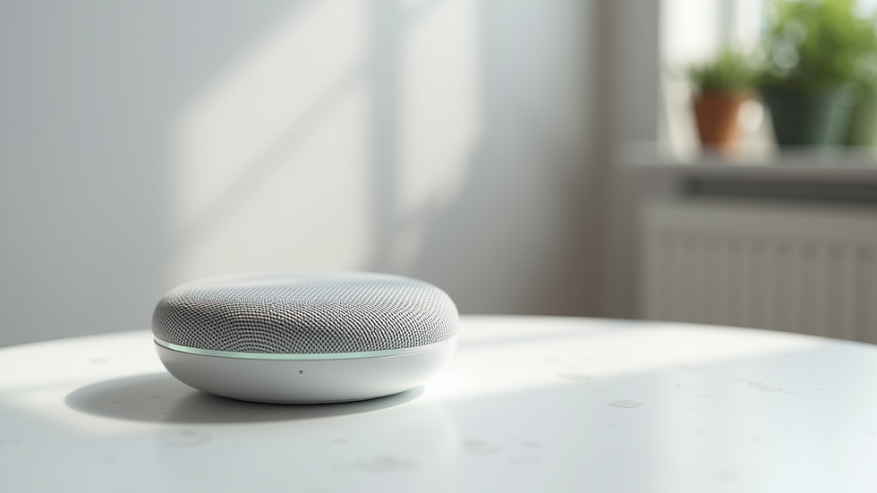 Eye-level view of a compact Bluetooth speaker on a white surface