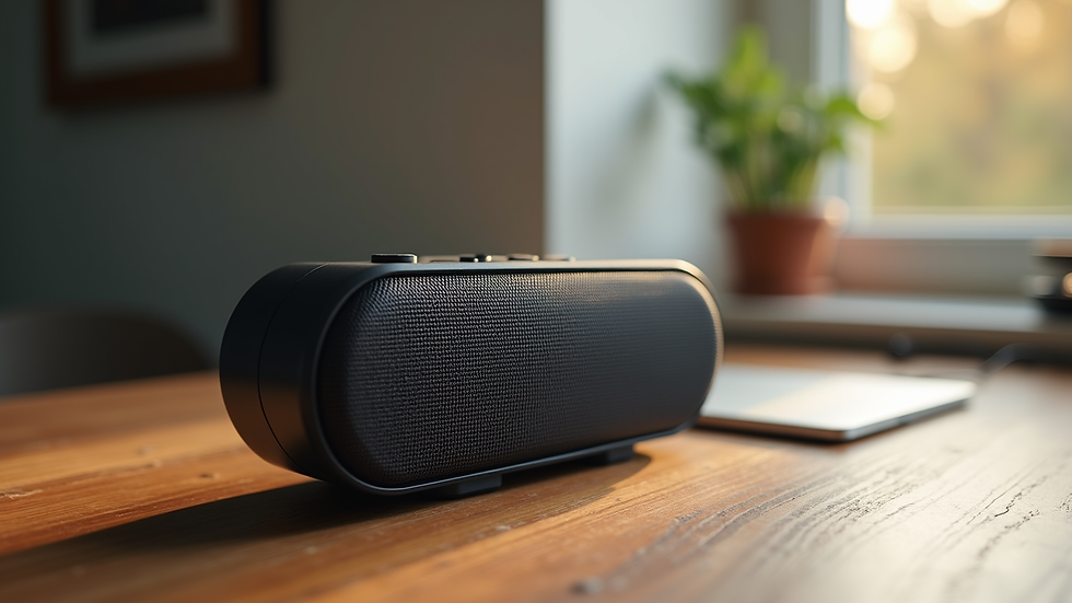 Close-up view of a compact wireless speaker on a wooden table