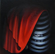 Huile sur toile, peinture, Garance Monziès, cage, rouge, voile, thérapie, clé, enfance