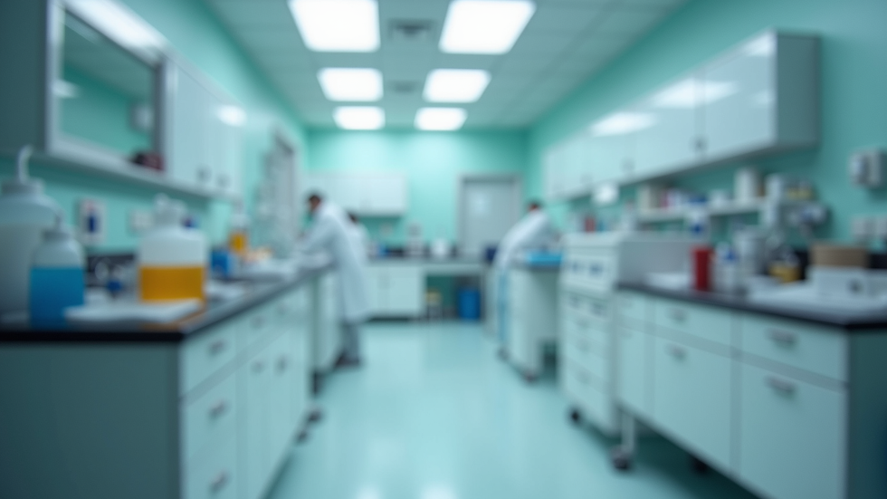 Vue en plongée d'un laboratoire cosmétique avec des flacons et instruments
