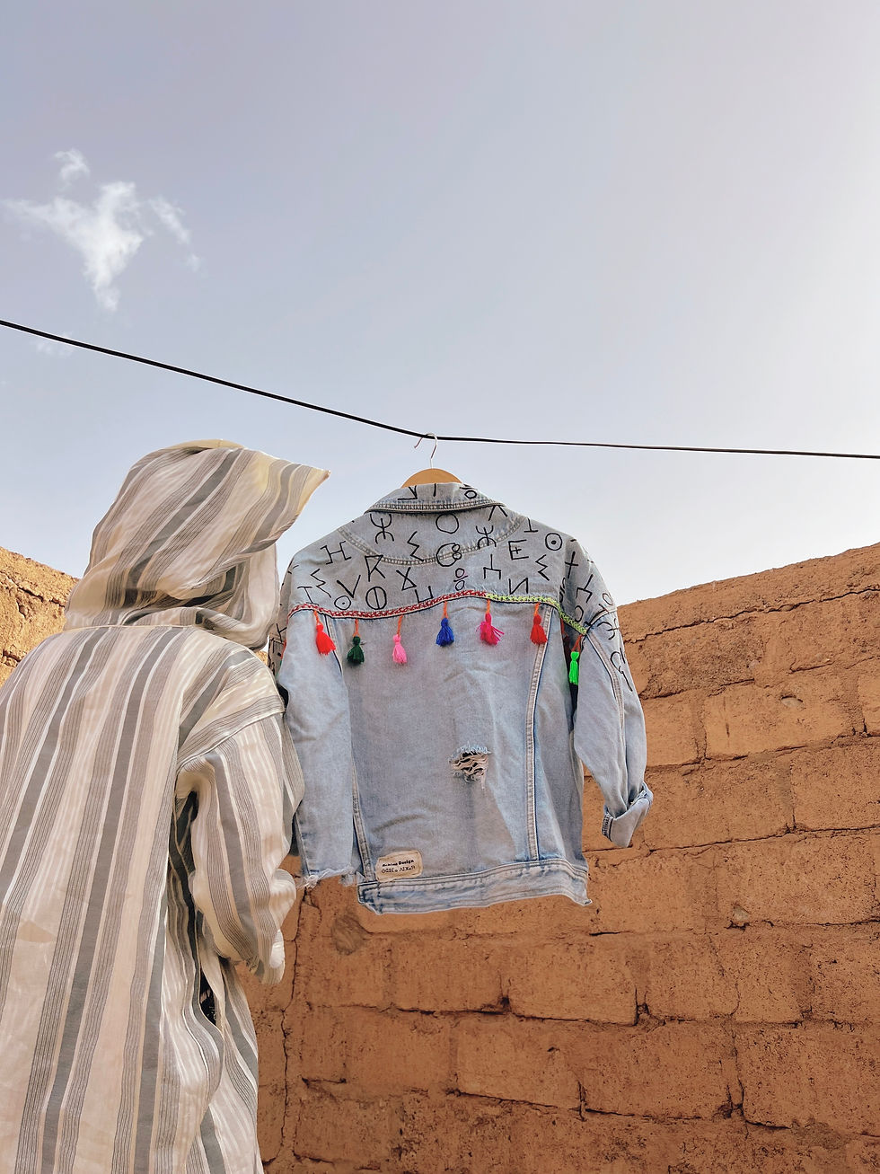 Thumbnail: Hand-painted Amazigh Tifinagh Alphabets denim jacket | Amazigh tattoos | Berber denim jacket.






