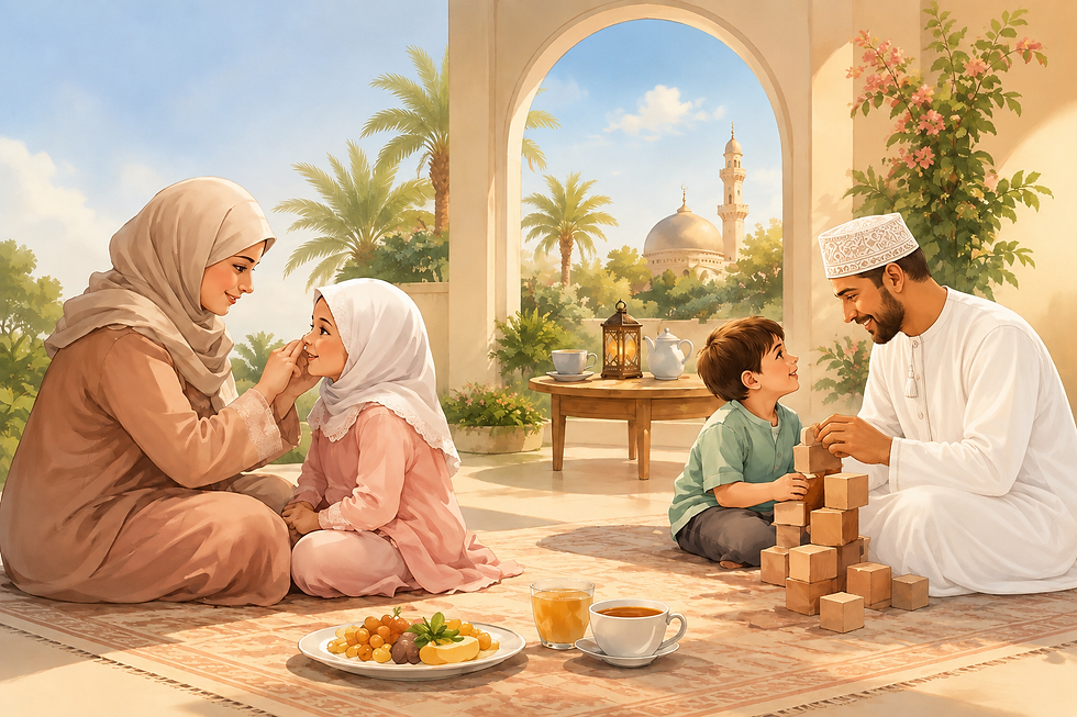 Muslim family with children sharing warm playtime and tea in a sunlit patio, with mosque dome, palm trees, and pastries.