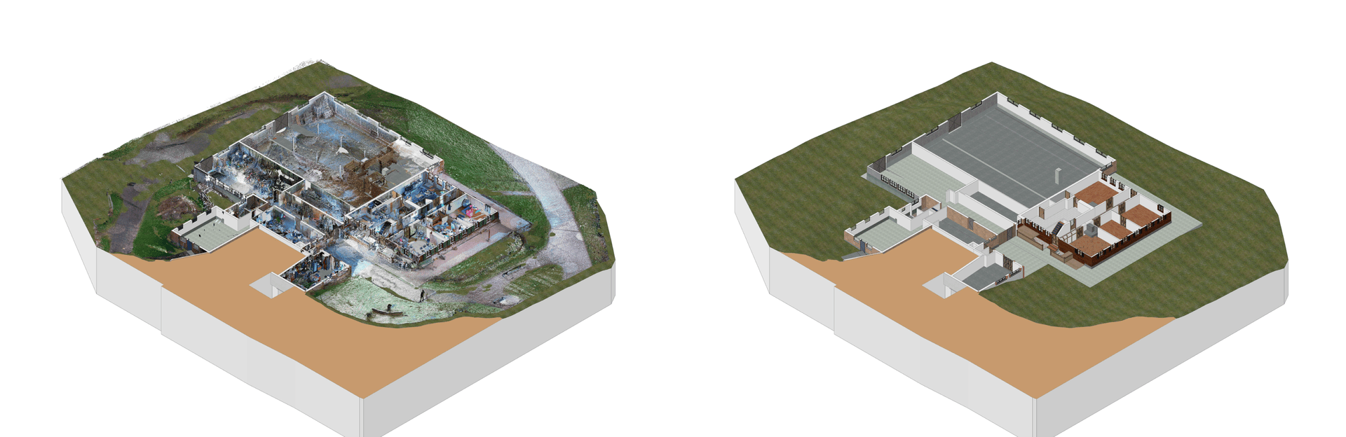 Vergleich zwischen einer Punktewolke und dem daraus abgewandelten 3D-Modell