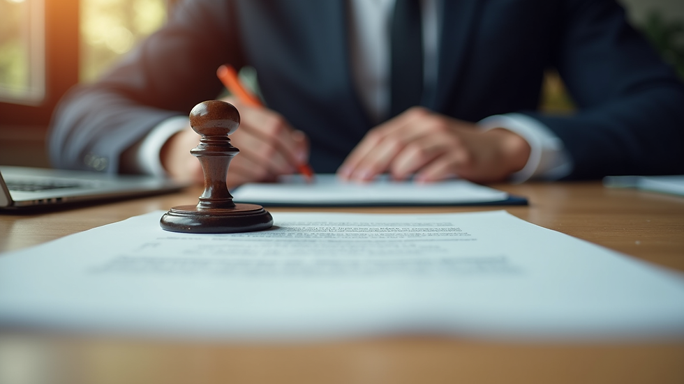 Eye-level view of a notary office desk with a stamp and documents